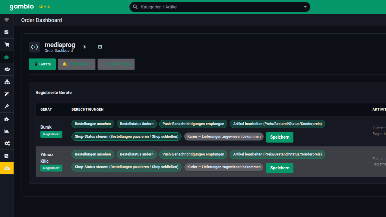 OrderDashboard Geräteverwaltung im Gambio Admin